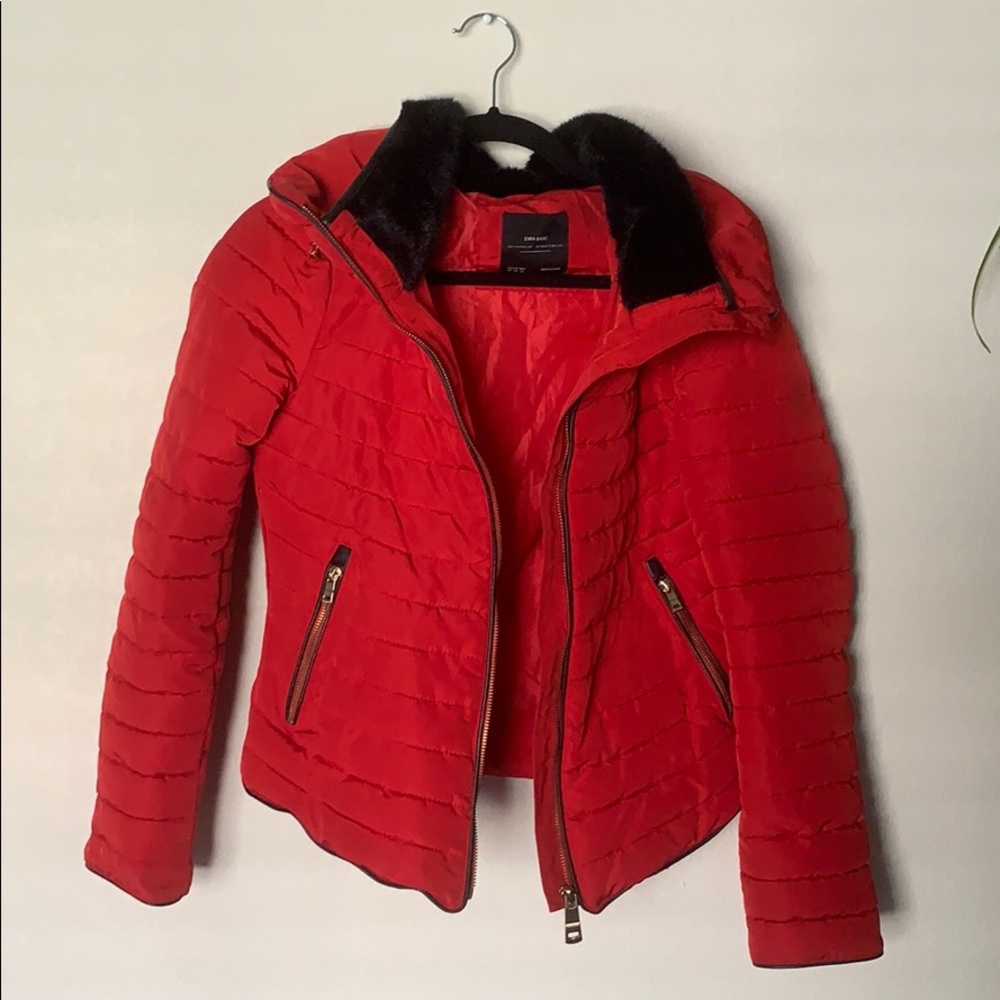 Zara Basic Red Puffer Coat with Faux Fur Hood